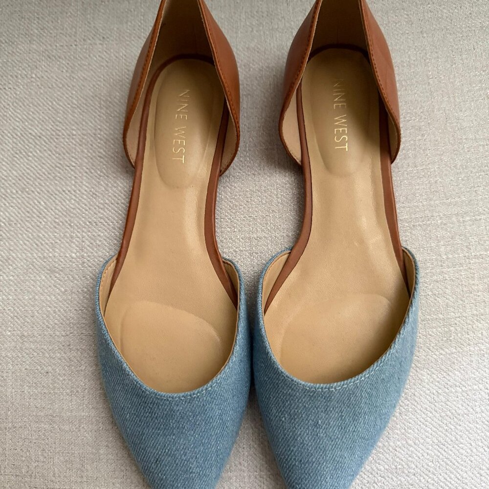 Nine West Women's Light Blue Denim & Tan D'Orsay Flats